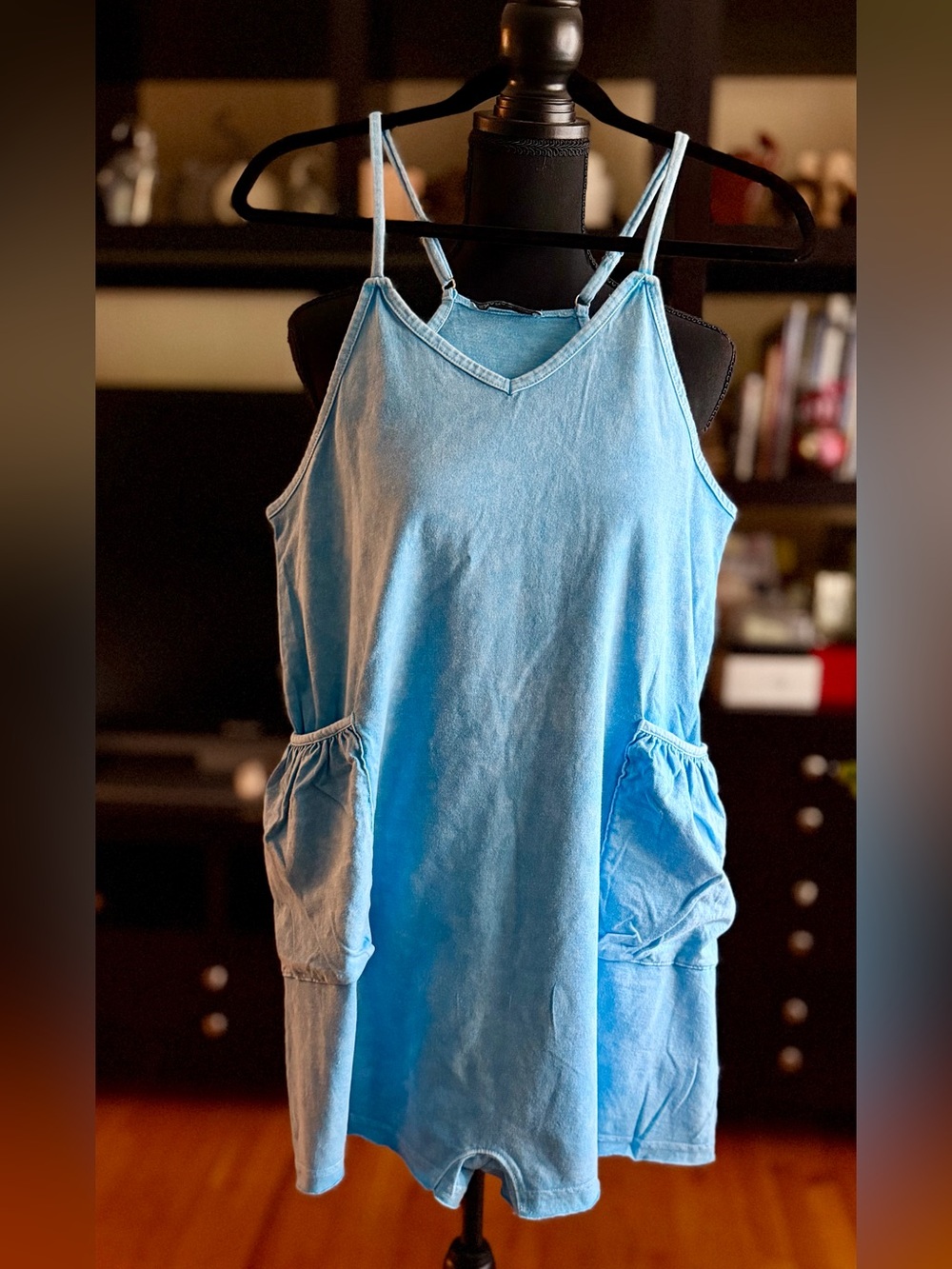 Zenana Outfitters Light Blue V-Neck Adjustable Strap Romper - Medium - Picture 2 of 5
